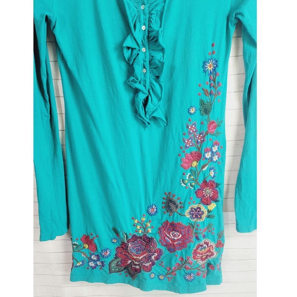 Johnny Was LA Embroidered Ruffle Button Front Teal Long Sleeve Blouse, sz Med - Picture 2 of 15